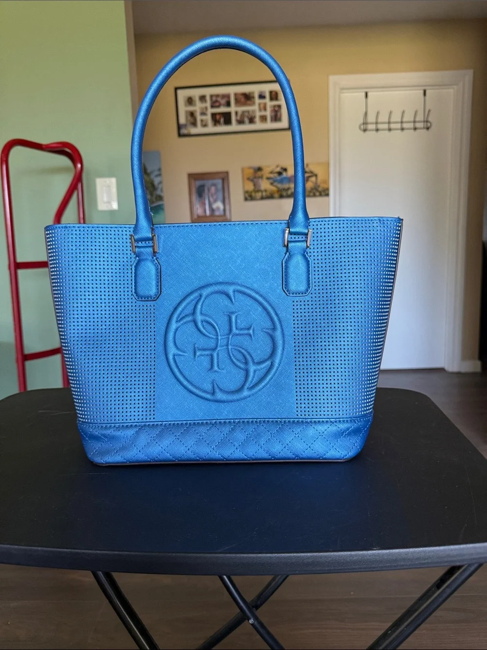 Guess Blue Perforated Quilted Tote with Embossed Logo